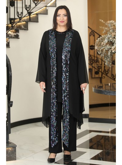 Rengin 3'lü Büyük Beden Tesettür Abiye Takım - Siyah